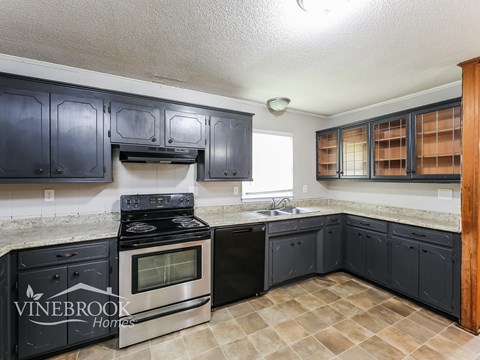 A kitchen with black cabinets and a stove top oven.