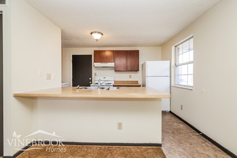 A kitchen area with a counter and cabinets.