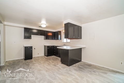 A kitchen area with black cabinets and a white countertop.