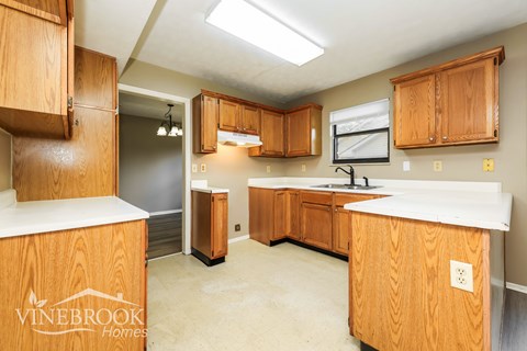 A kitchen with wooden cabinets and a countertop is shown.
