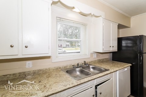 A kitchen with a sink and a window.
