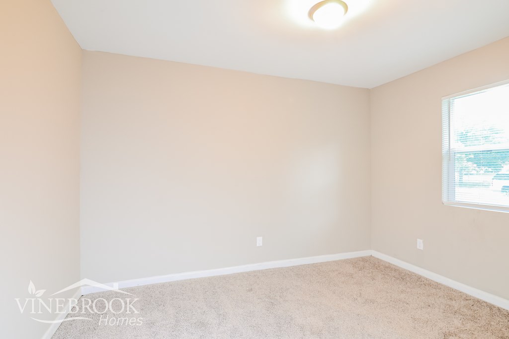 a bedroom with a carpet and a window