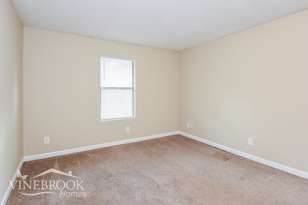 a bedroom with a carpeted floor and a window