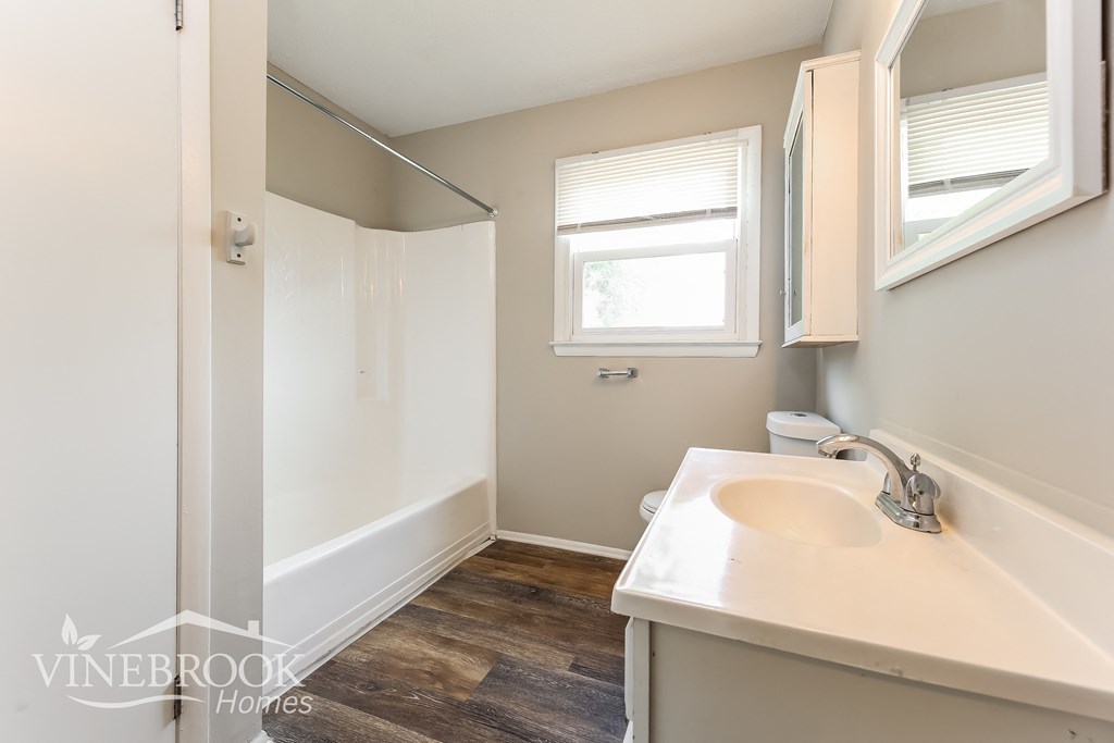 a bathroom with a sink and a shower and a mirror
