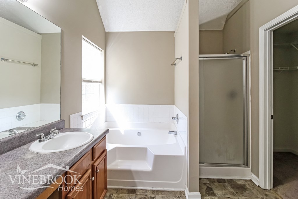a bathroom with a sink and a tub and a shower
