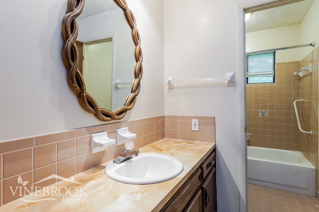 a bathroom with a sink and a mirror and a shower and a tub