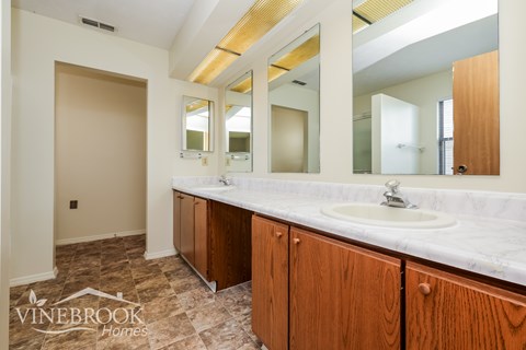 A bathroom with a sink, mirror, and wooden cabinets.