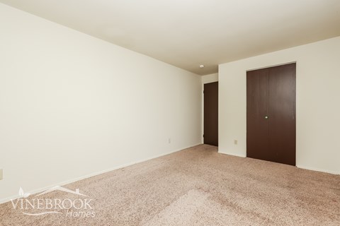 A room with a carpeted floor and a brown door.