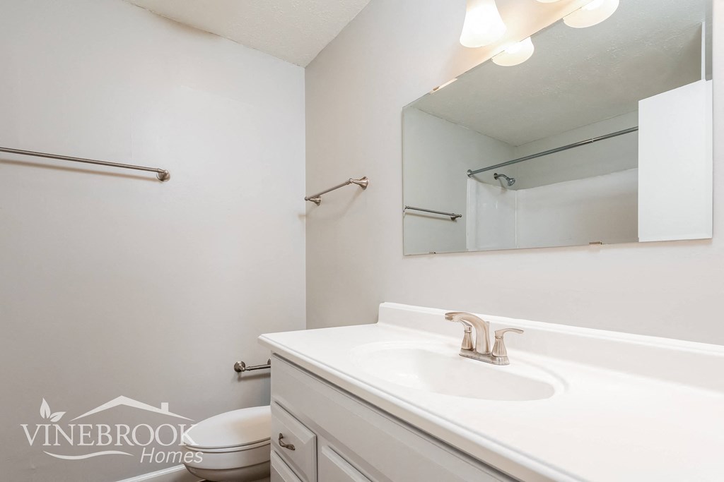a white bathroom with a sink and a mirror and a toilet