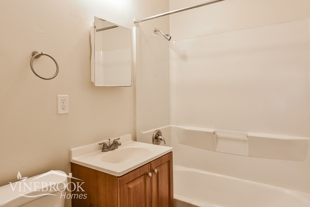 a bathroom with a sink and a tub and a mirror