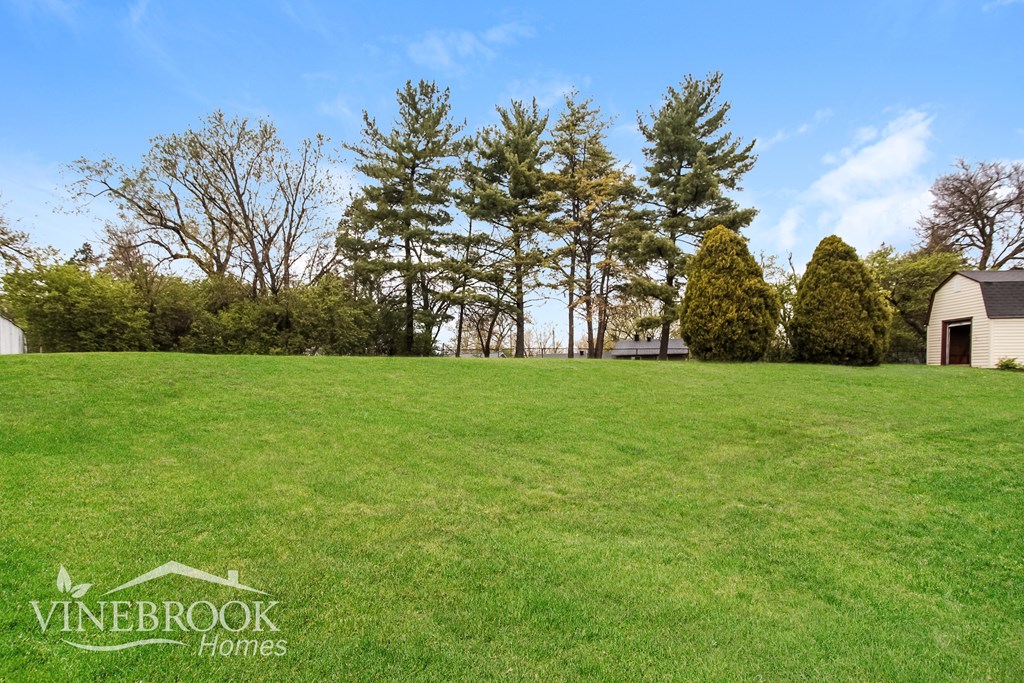 A grassy field with trees and a house in the distance.
