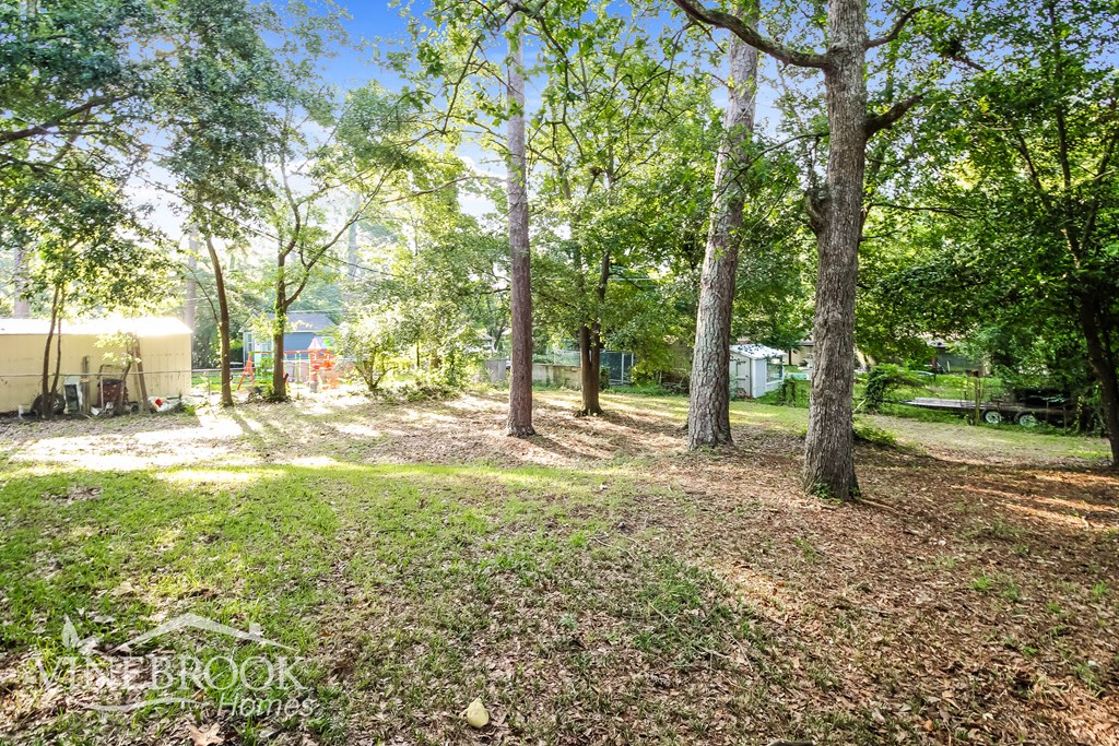 A sunny day in a yard with trees and a house in the background.