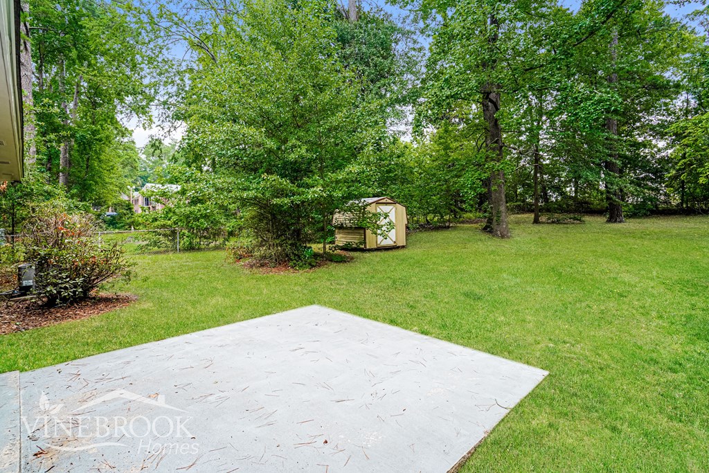 A backyard with a concrete slab in the foreground and a shed in the background.