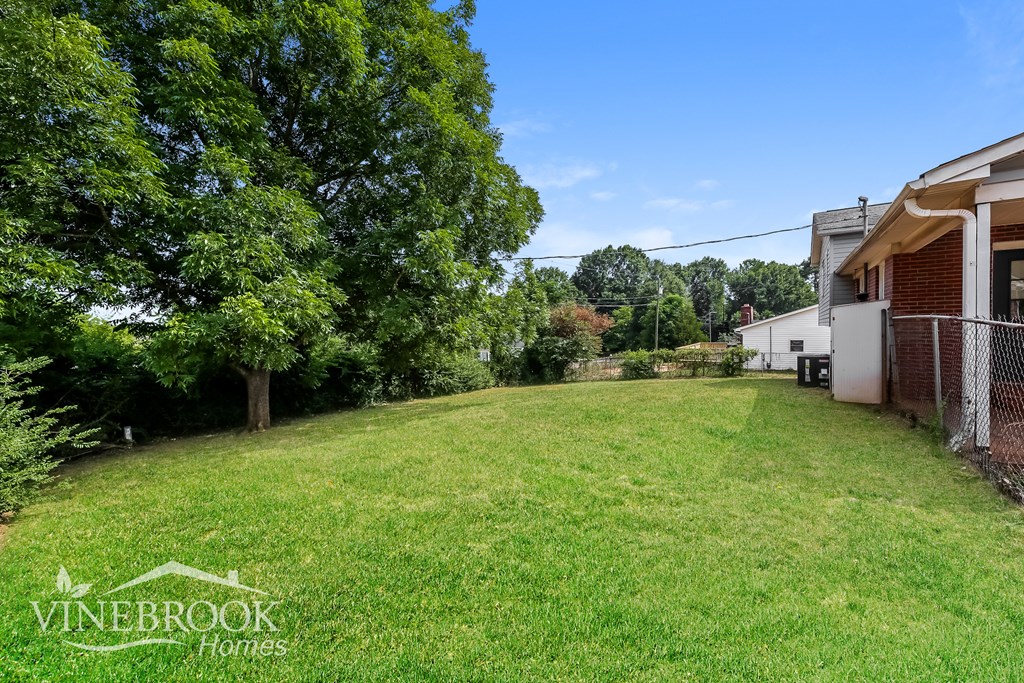 a backyard with green grass and trees and a fence