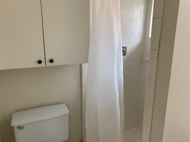 a bathroom with a toilet and a shower curtain