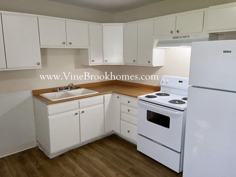 a kitchen with white cabinets and a sink and a stove and a refrigerator
