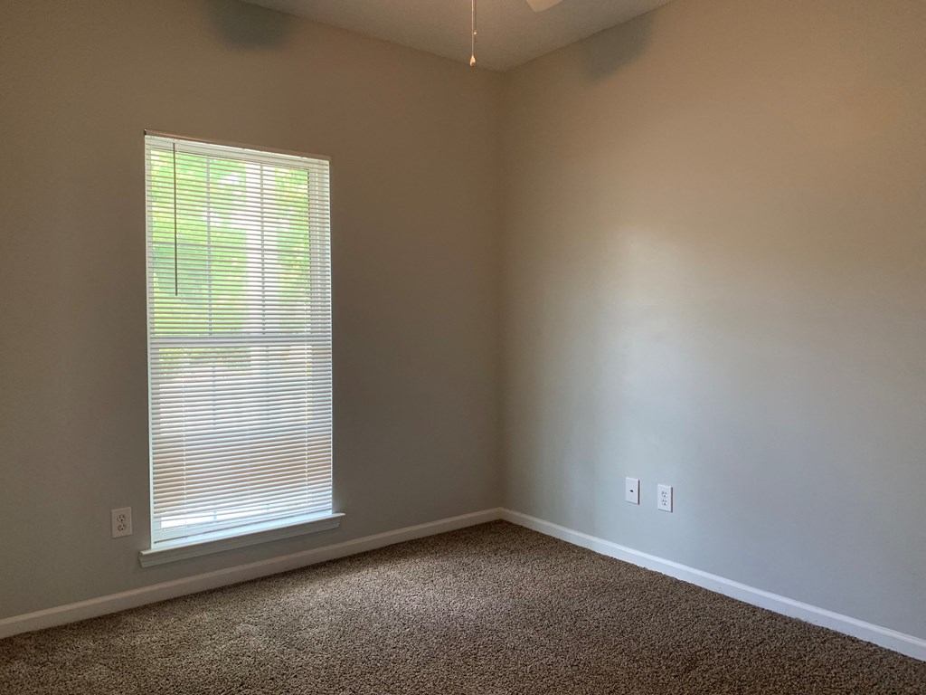 an empty living room with a window and carpet