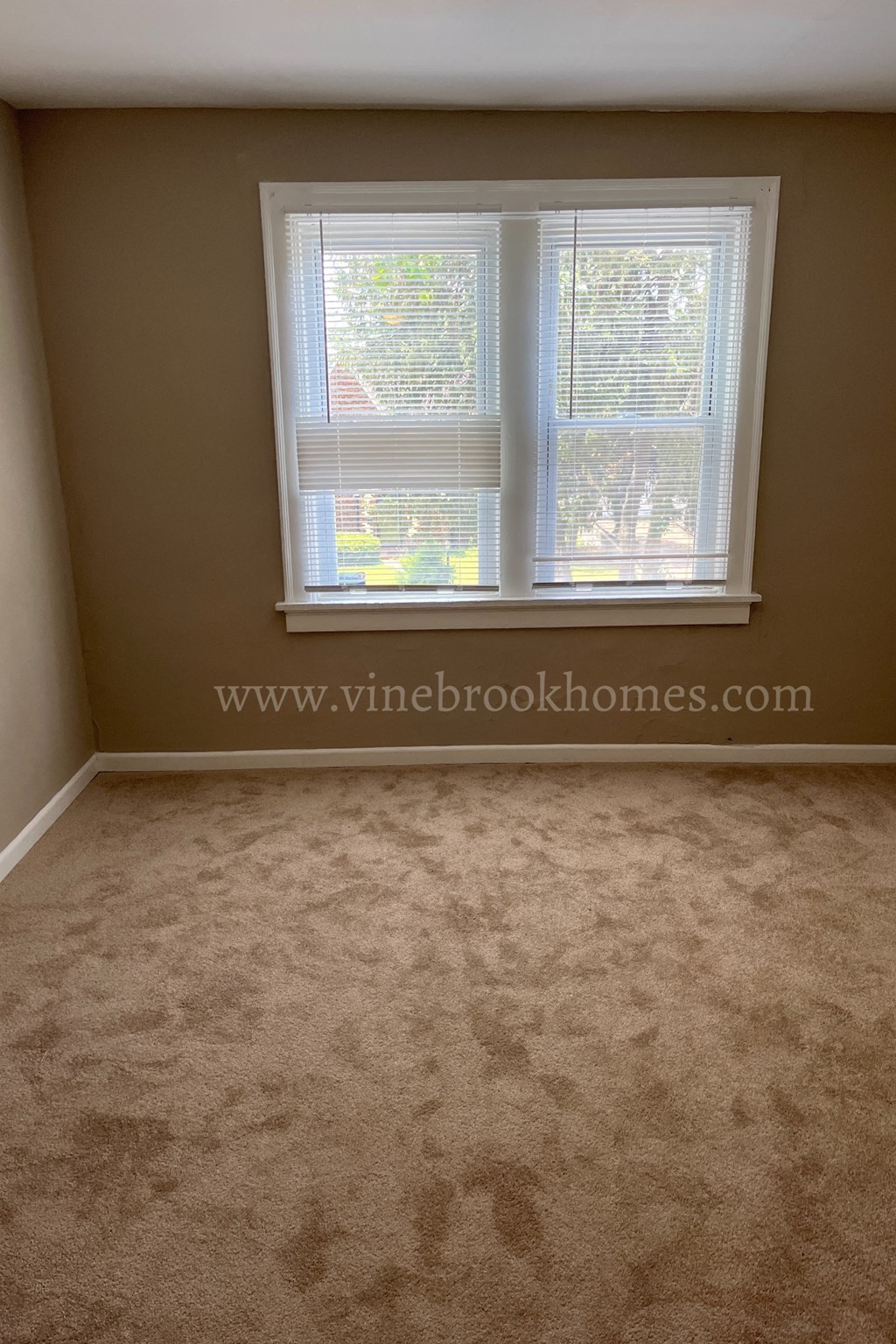 a room with a carpeted floor and a window