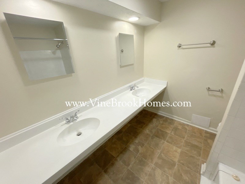 a bathroom with two sinks and a mirror