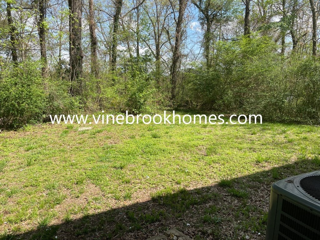 a backyard with a grass field and trees