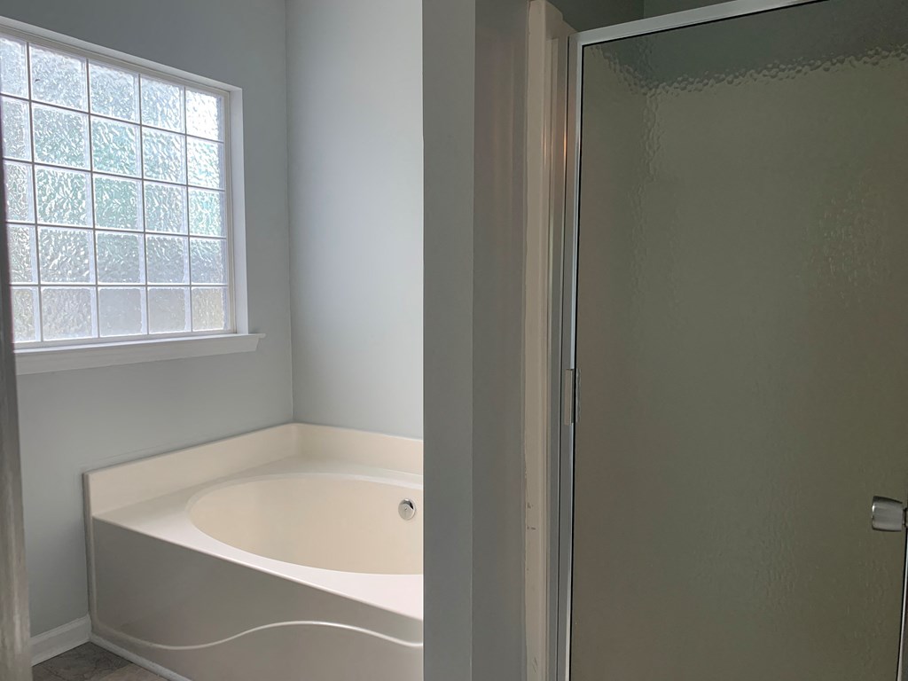an empty bathroom with a bath tub and a window