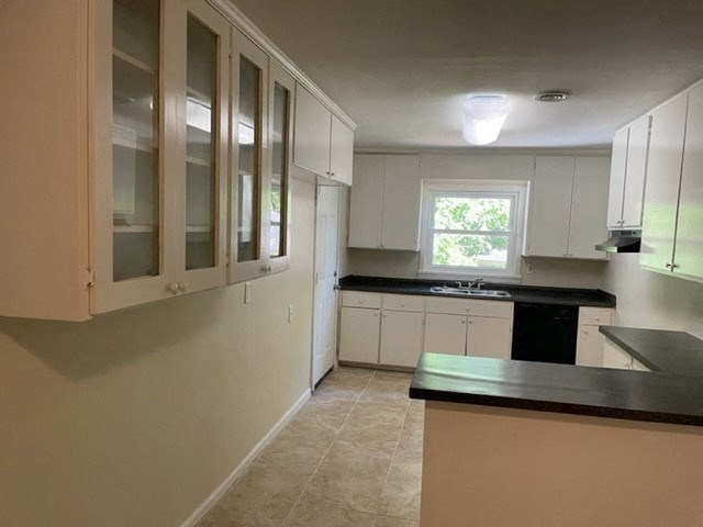 a kitchen with white cabinets and a sink and a window