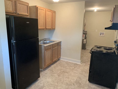 a kitchen with a black refrigerator and a sink