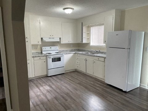 a white kitchen with a stove and a refrigerator