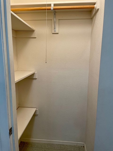 a closet in a room with shelves and a hanging light