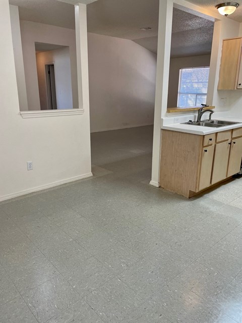 an empty living room with a sink and a kitchen