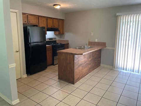 a kitchen with a black refrigerator and a sink