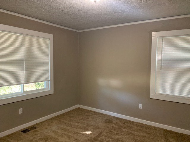 an empty room with two windows and a brown carpet