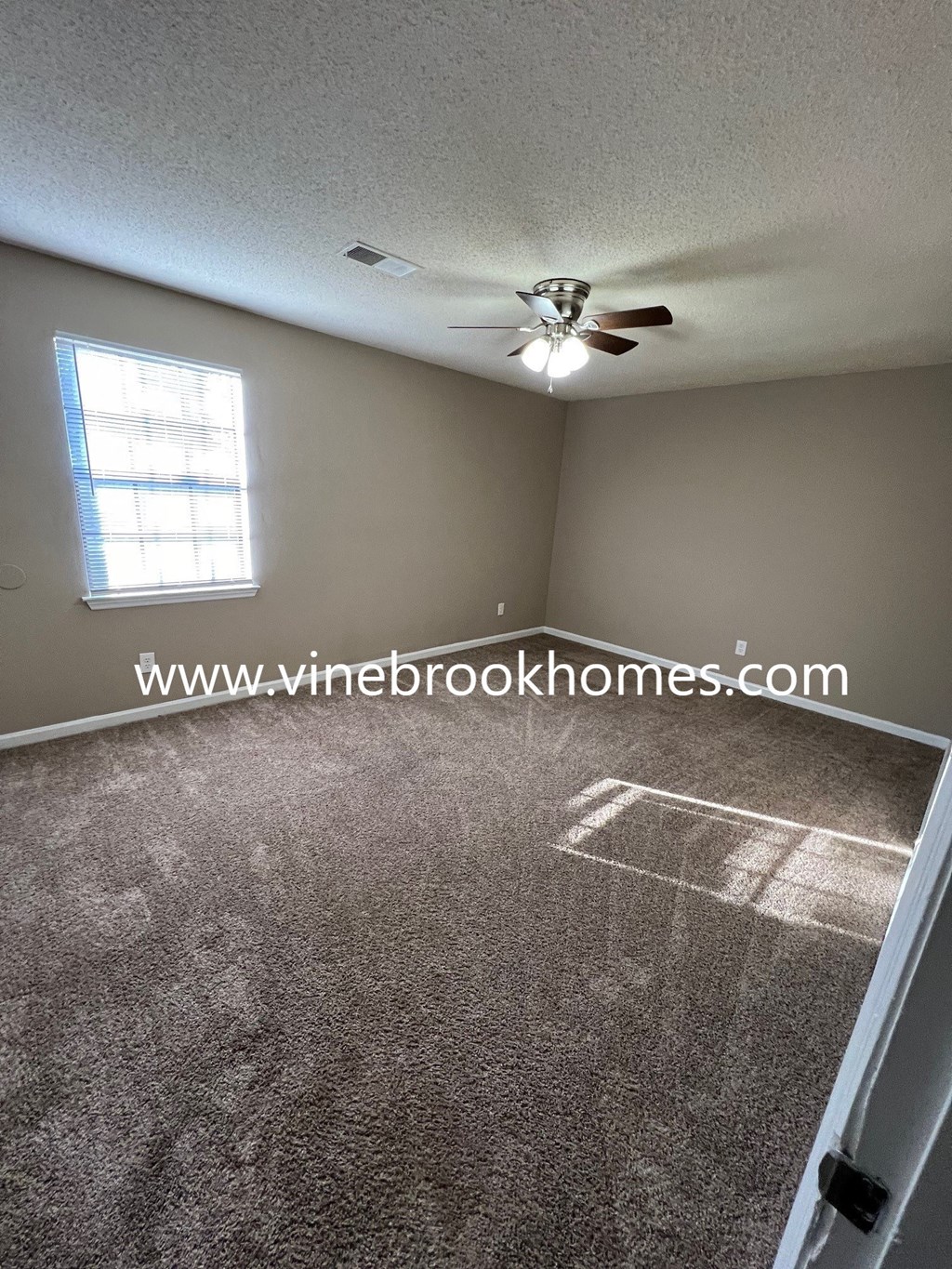 a living room with carpet and a ceiling fan
