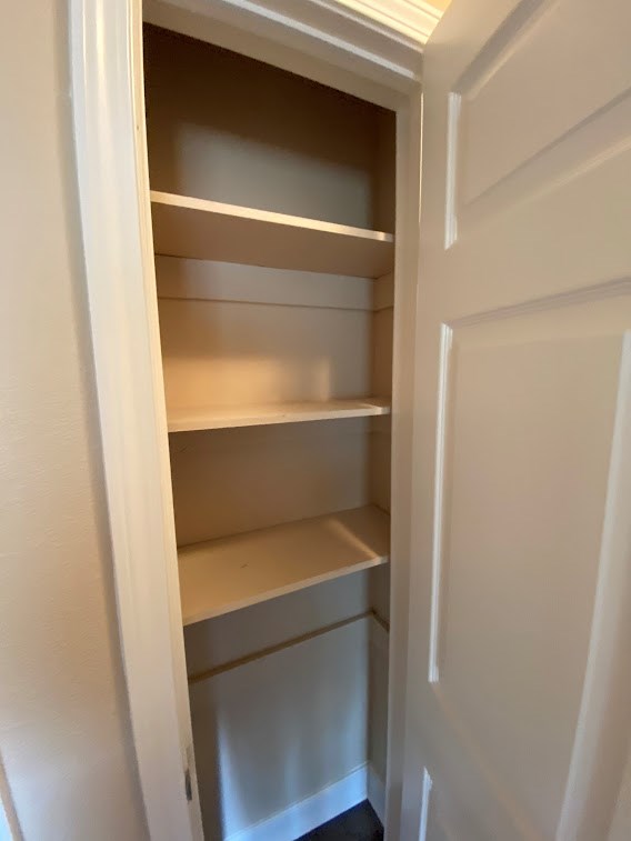 Empty white shelves in a white cabinet.