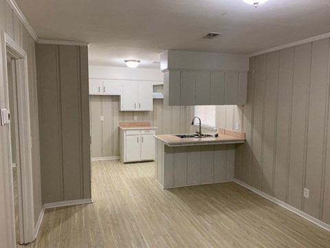 an empty kitchen with white cabinets and a sink