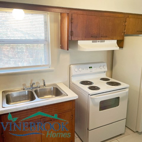 A white stove and sink in a kitchen.