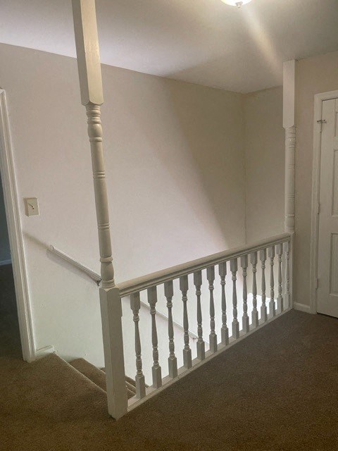 a stairway with a white railing and a door