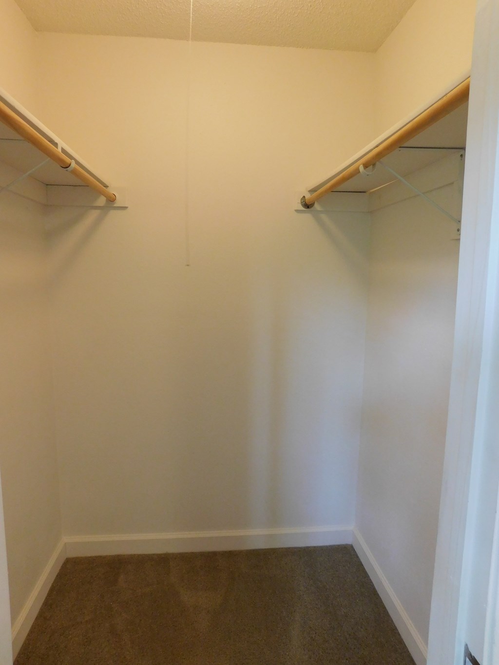 A small, empty closet with a brown carpet.