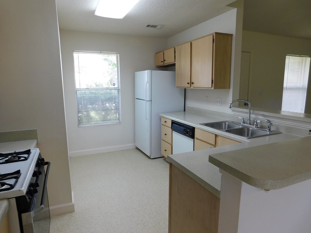 A kitchen with a stove, sink, and cabinets.