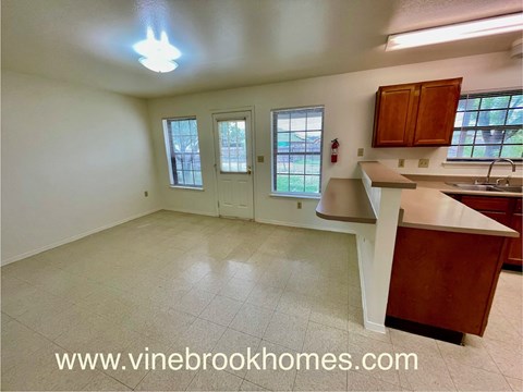 A kitchen with a counter and cabinets is shown.