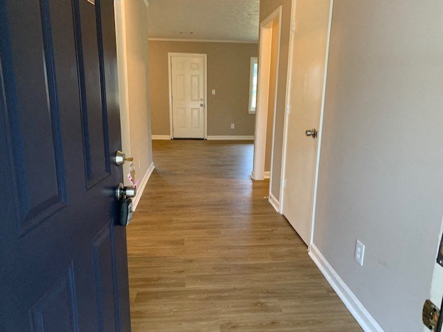 a hallway with wood floors and a blue door