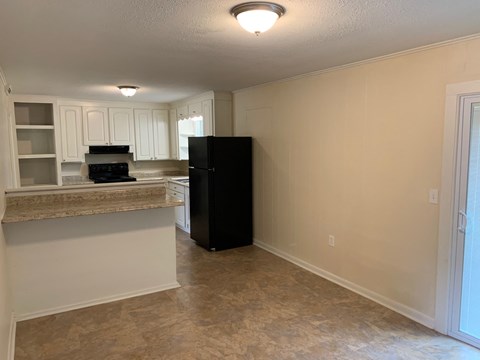 A kitchen with a black refrigerator and a countertop with a sink.