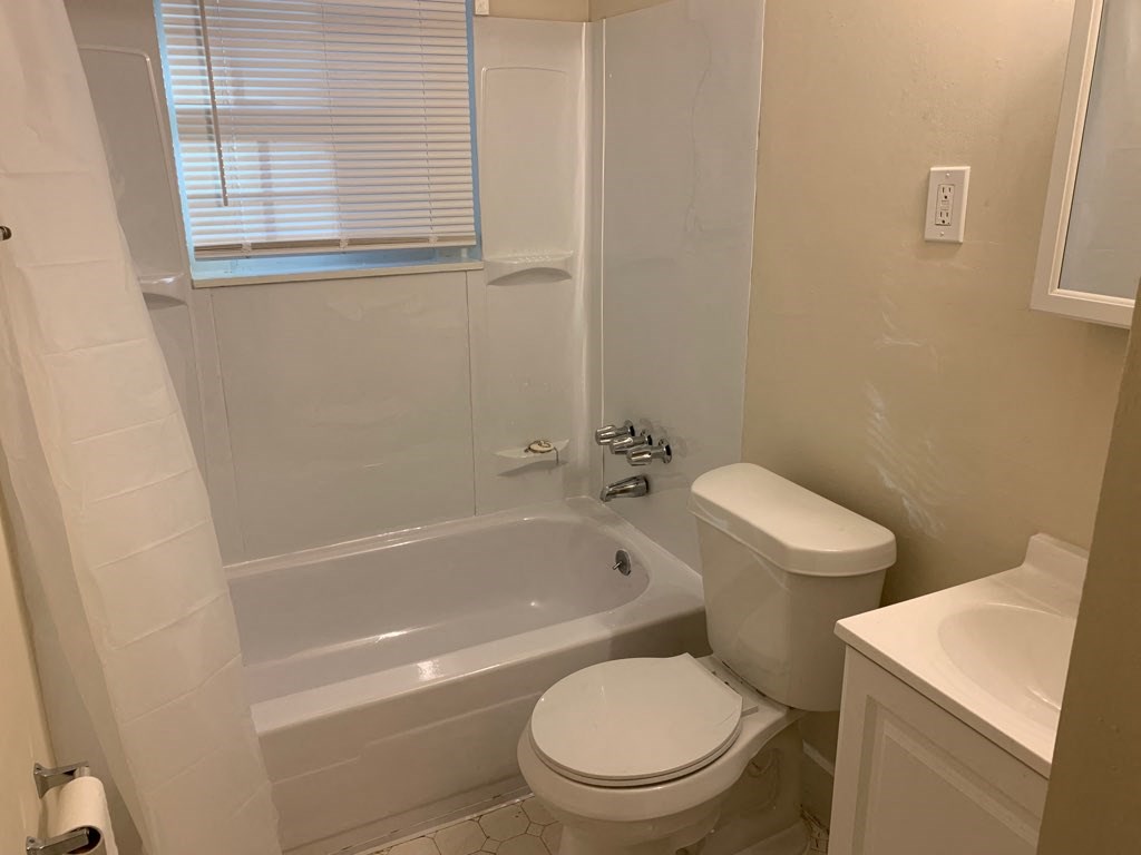 a bathroom with a toilet and a tub and a sink