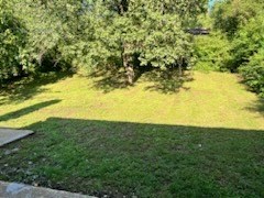 a yard with green grass and trees in the background