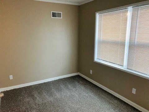 a bedroom with a large window and a carpet