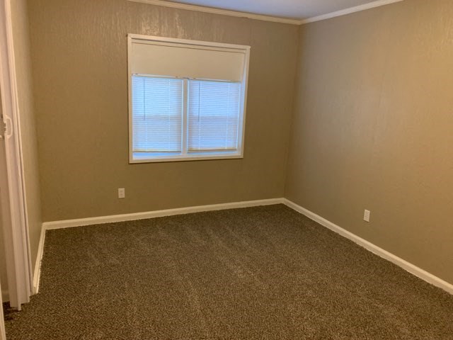an empty room with a window and a carpet