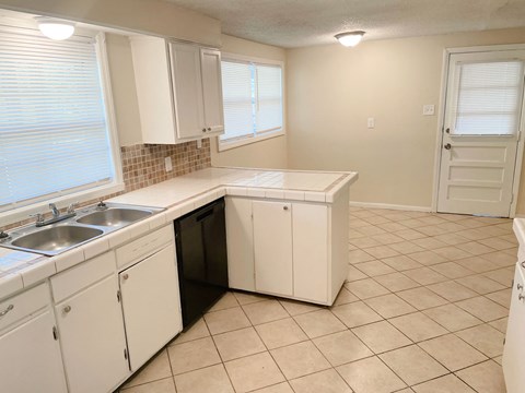 A kitchen with white cabinets and a black dishwasher.