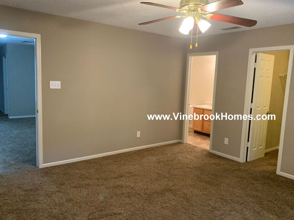 a bedroom with a closet and a ceiling fan