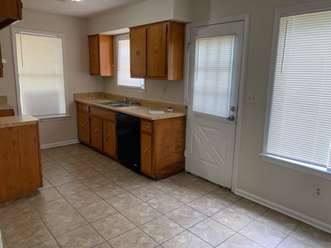 A kitchen with wooden cabinets and a white door.