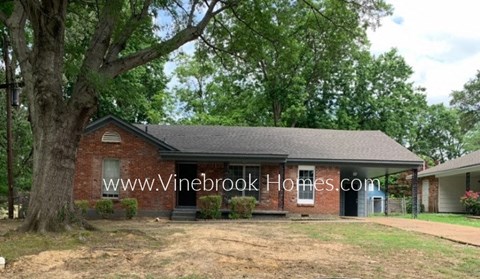 a small brick house with a large tree in the yard